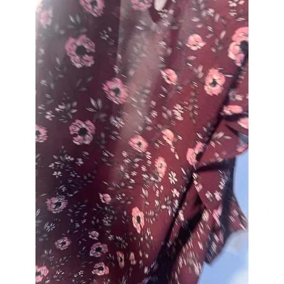 Aeropostale Floral Cold Shoulder Ruffle Blouse Long Sleeve Top Maroon‎ M - Picture 3 of 8